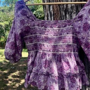Purple Floral Smocked Peasant Top - Women